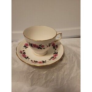 TEA CUP SAUCER ROYAL VALE RIDGWAY ROSES PINK ENGLAND BONE CHINA GOLD TRIM